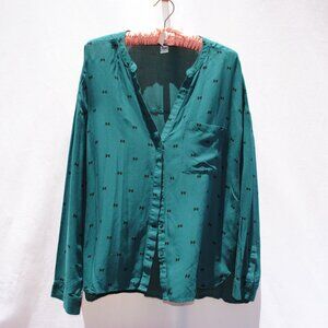 Green Bow-tie Print Women's Blouse Long Sleeve Old Navy (XL)